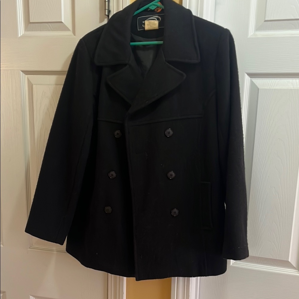 Black Double-Breasted Peacoat with Wide Notched Lapels